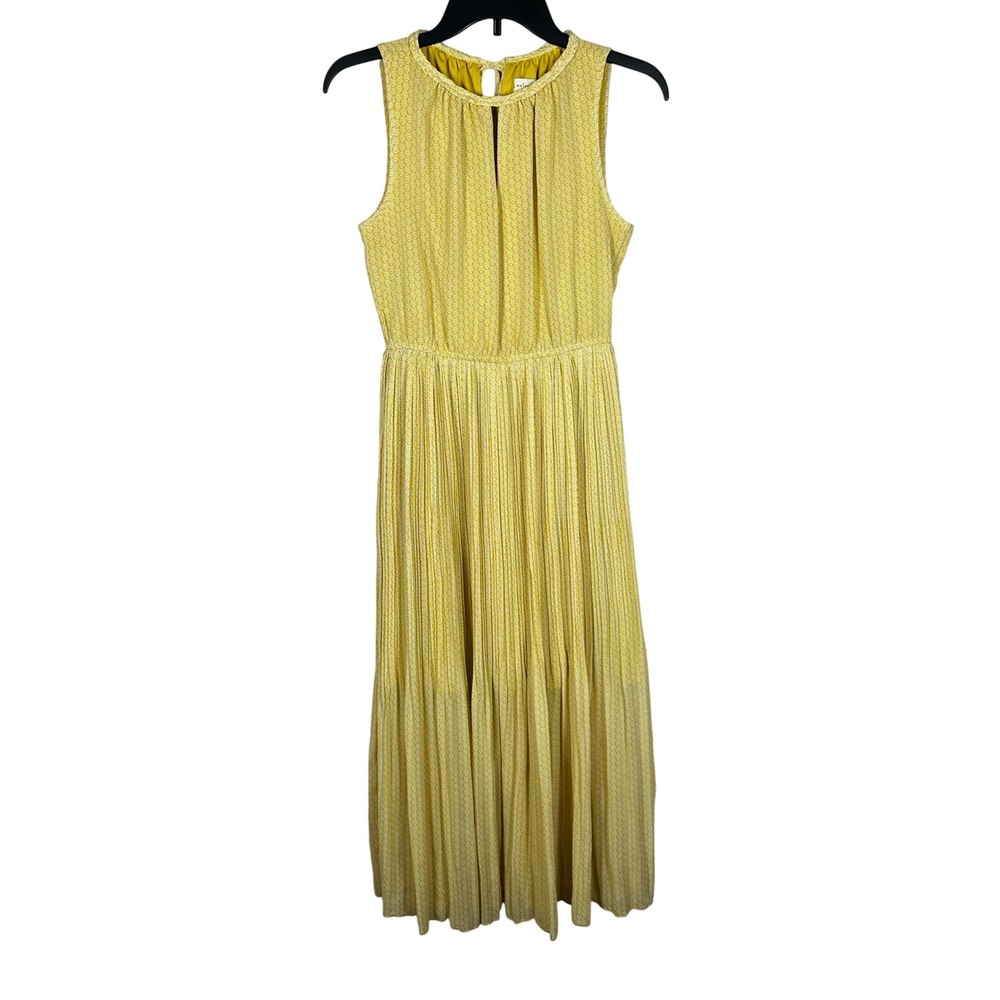 Maison Jules Pleated Midi Dress Womens Small Yellow Chevron Sleeveless Keyhole
